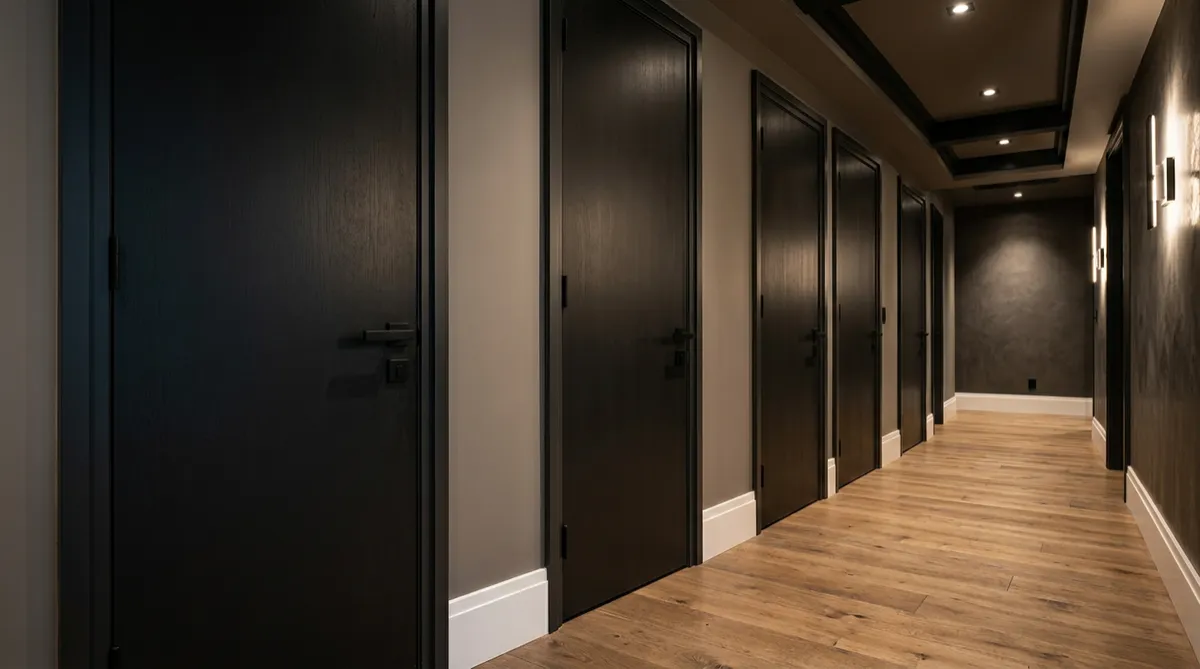 Solid-core interior door package installation with custom craftsmen casings and black levers