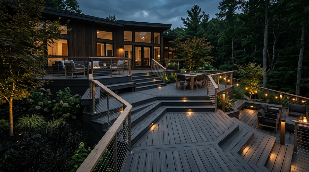 Heavy-duty outdoor deck construction with structural joist framing and composite boards