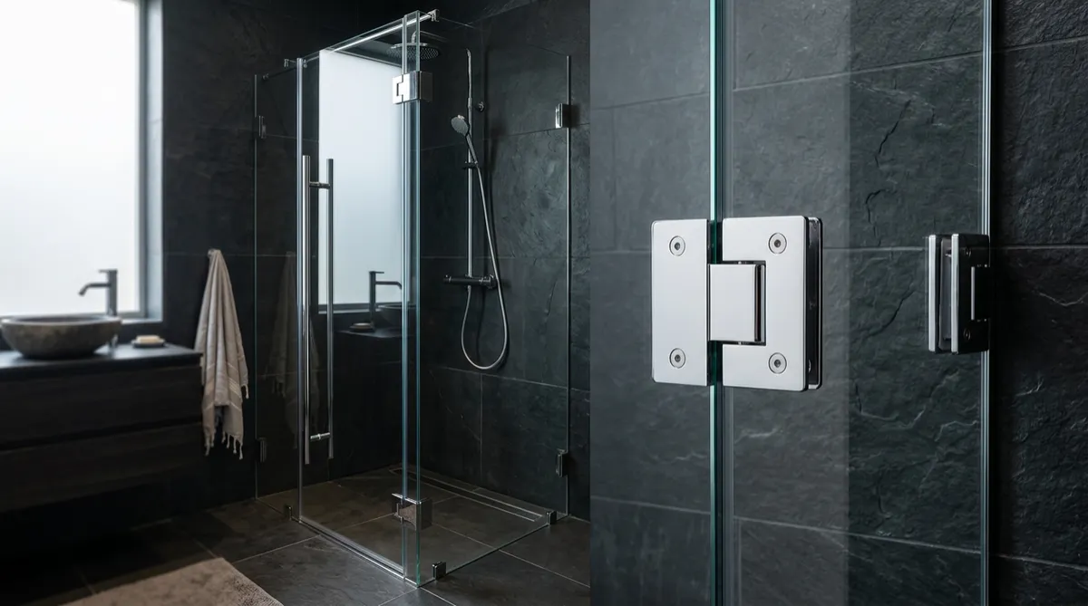 Heavy 3/8 inch frameless tempered glass shower door with matte black structural clamps