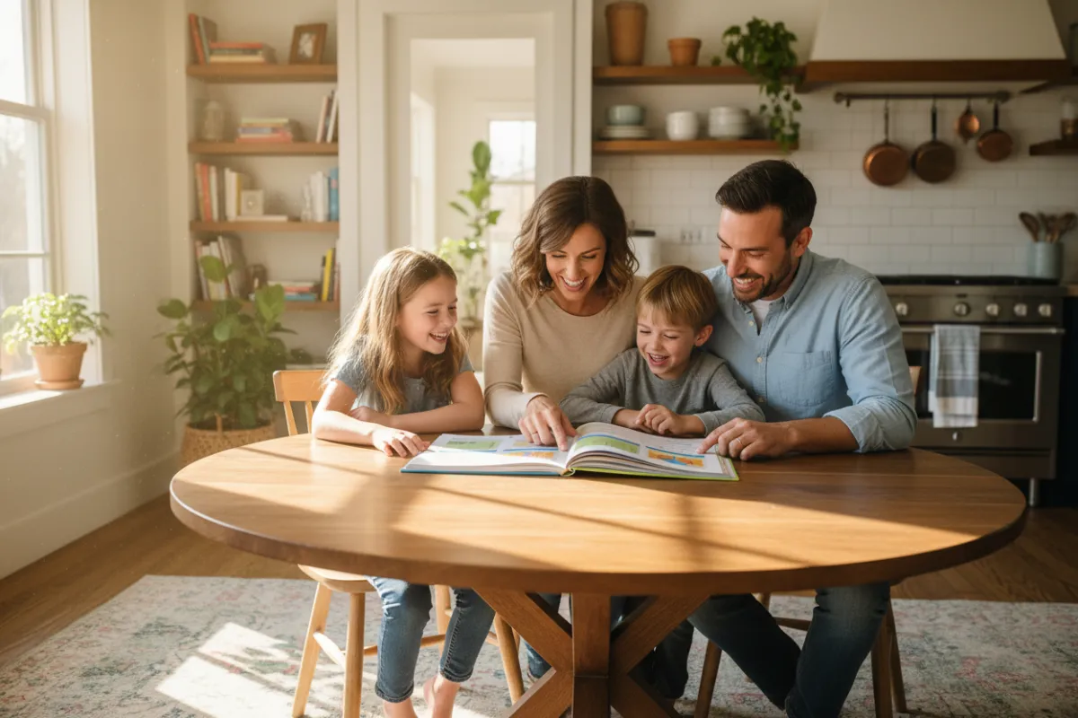 A smiling family of four, two parents and two children, sitting together at a kitchen table reviewing a colorful budget planner, with natural light streaming in and a cozy, organized home background.