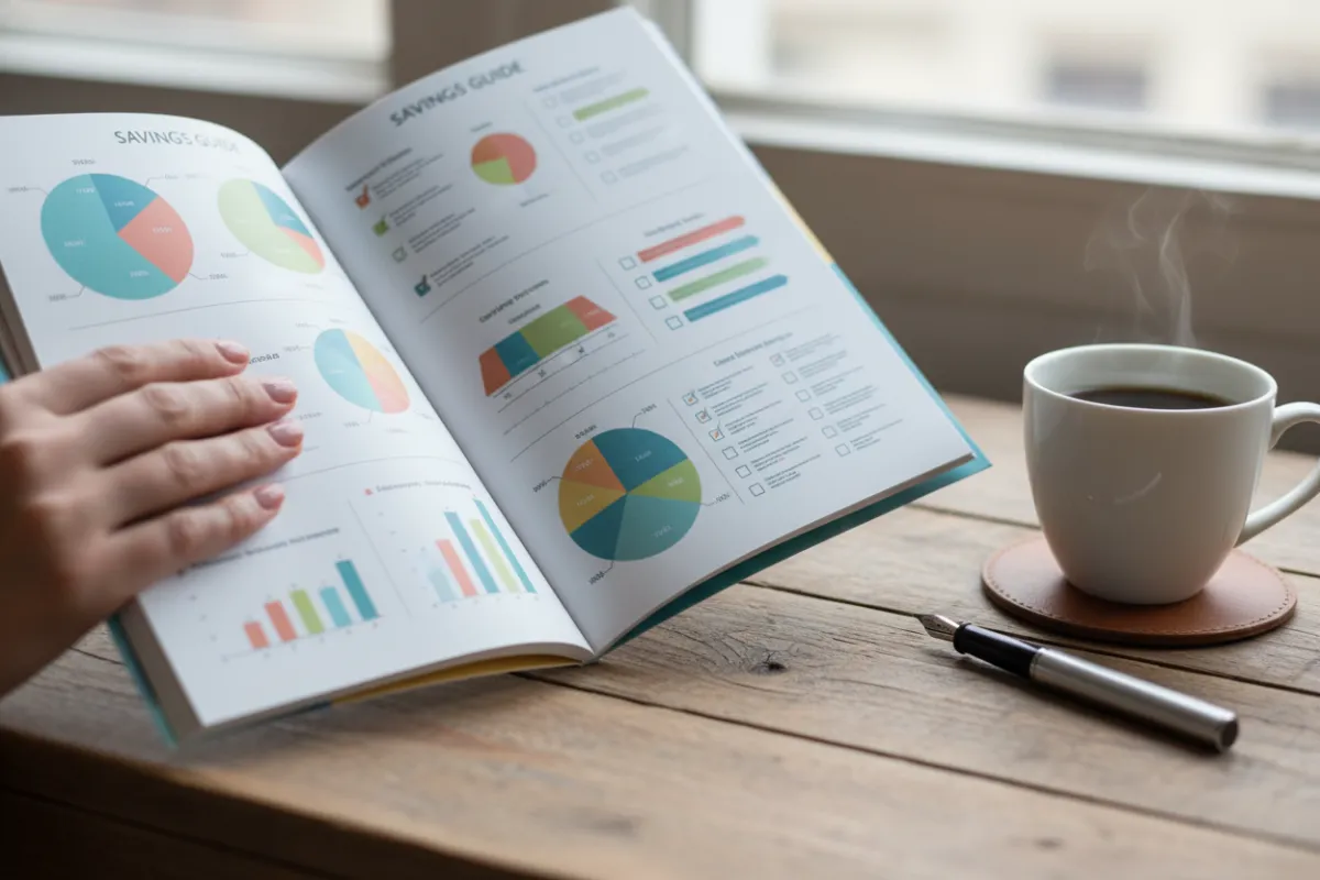 A close-up of a hand holding a printed savings guide with colorful charts and checklists, set on a wooden desk with a cup of coffee and a pen, evoking productivity and planning.