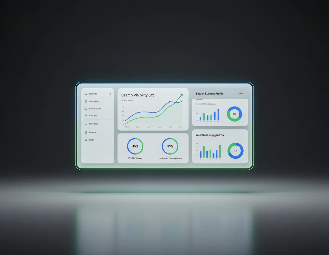 Dashboard showing Google Business Profile search metrics and visibility lift