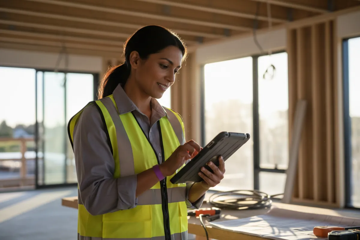 Professional contractor using a smartphone on a clean job site, warm natural tones, shallow depth of field, subtle purple accent (#7C3AED) on clothing, candid and confident