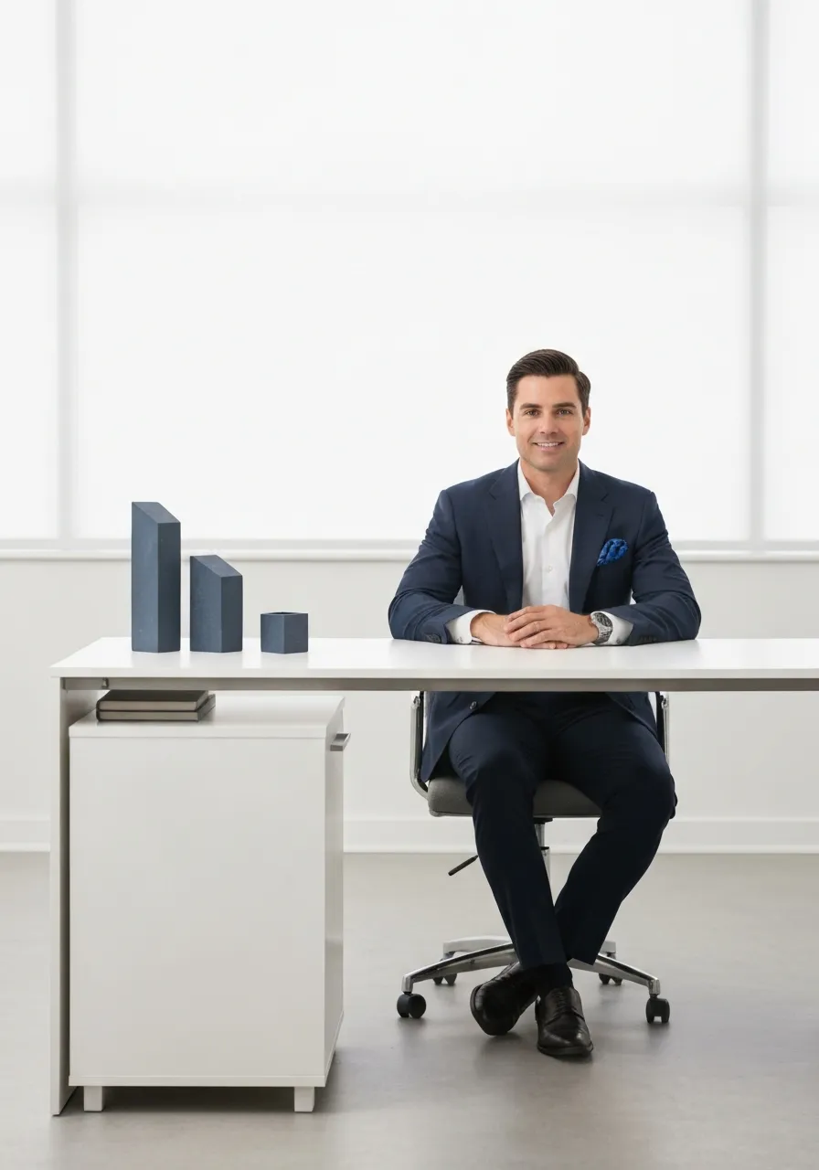 Calm professional in a modern workspace analyzing strategy
