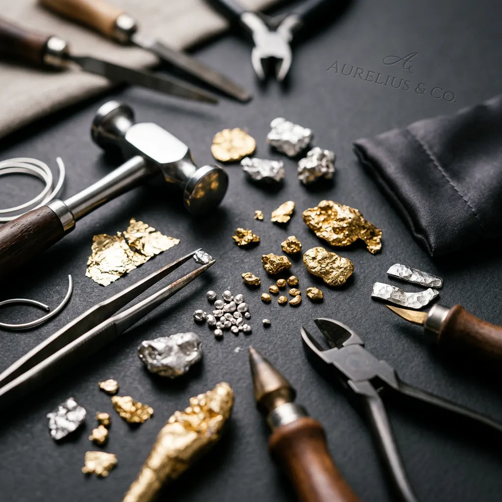 Detailed macro photography of textured gold and silver raw metals with elegant jewelry tools