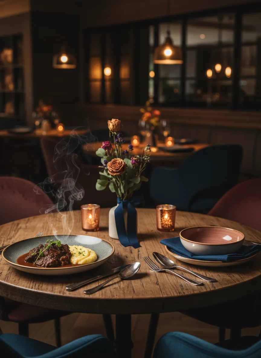 A warm, inviting restaurant meal set on a beautifully prepared table