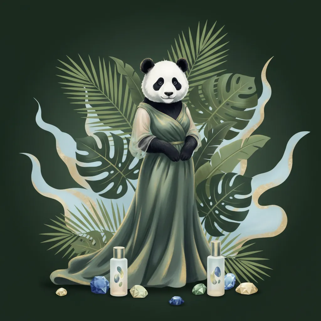 Miss Panda Cory Mascot Illustration in a botanical luxury setting