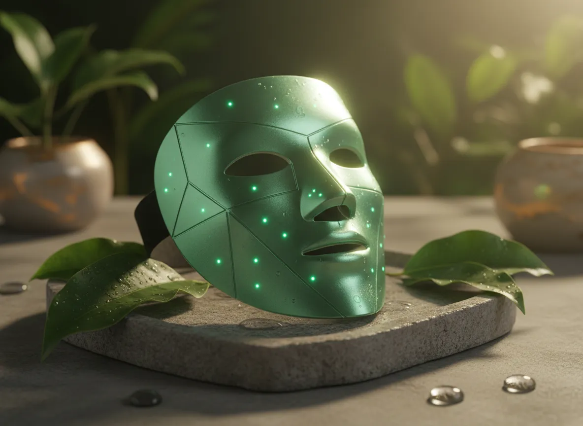 Green LED face mask in a premium botanical setting