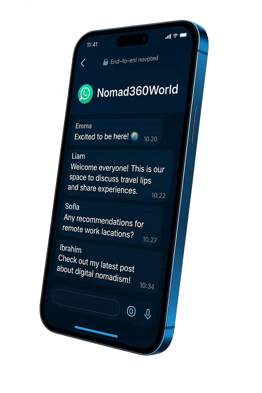 Smartphone mockup displaying 360 World Nomad WhatsApp encrypted community channel with live member dispatches