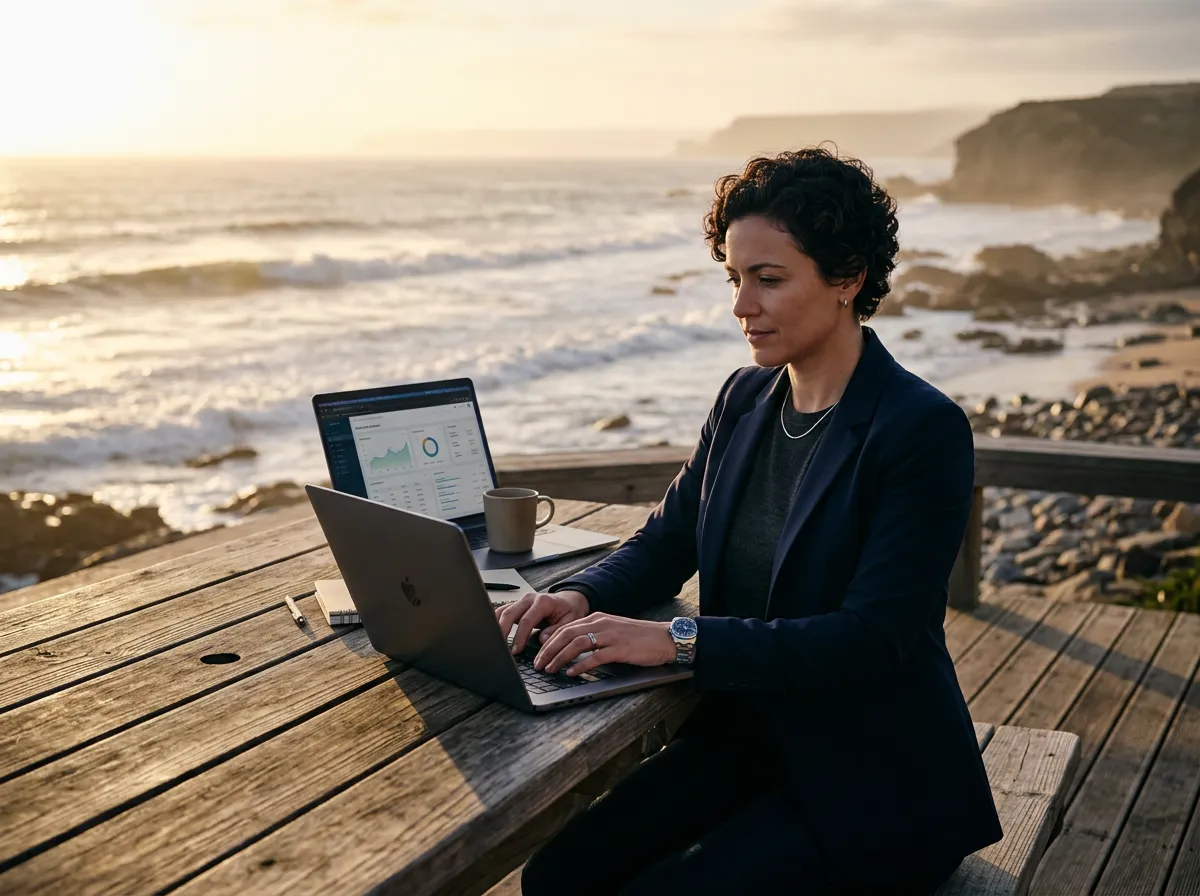 Professional working remotely oceanfront on laptop with high focus
