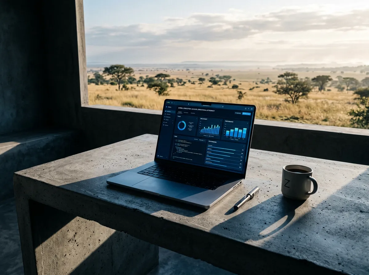 Digital entrepreneur overseeing international systems with mobile workstation