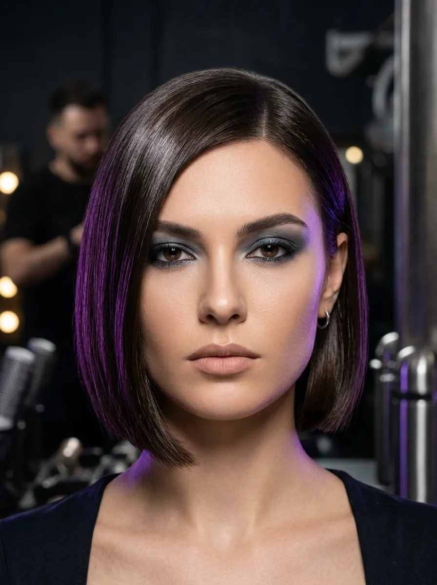 Editorial close-up of sharp precision bob haircut with sleek mirror-like keratin finish under moody violet salon lighting