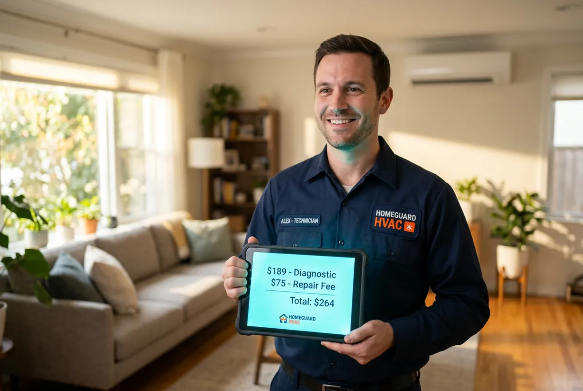 HVAC technician showing clear digital upfront quote on tablet to homeowner
