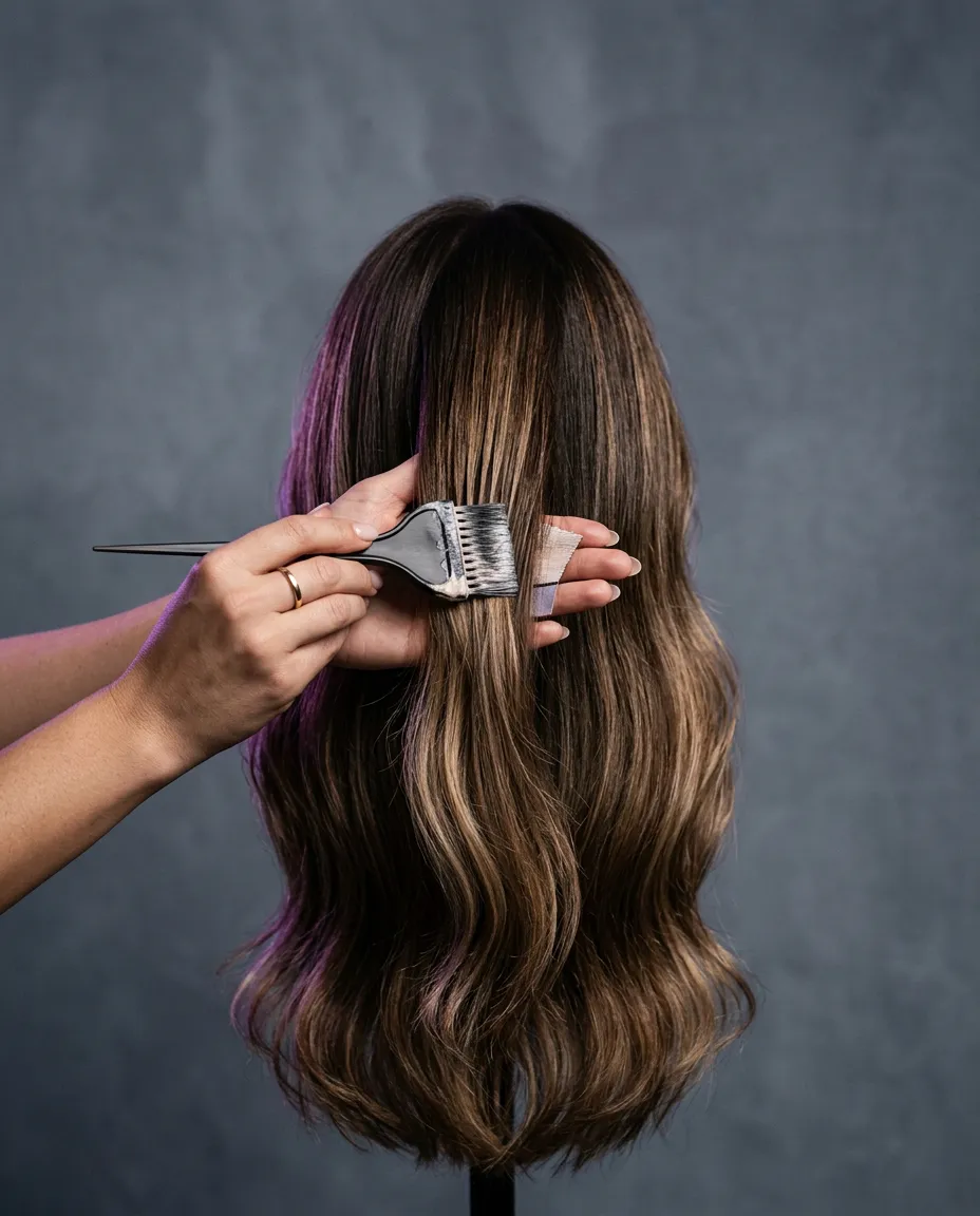Editorial close-up of glossy balayage hair color artistry with seamless gradient tones