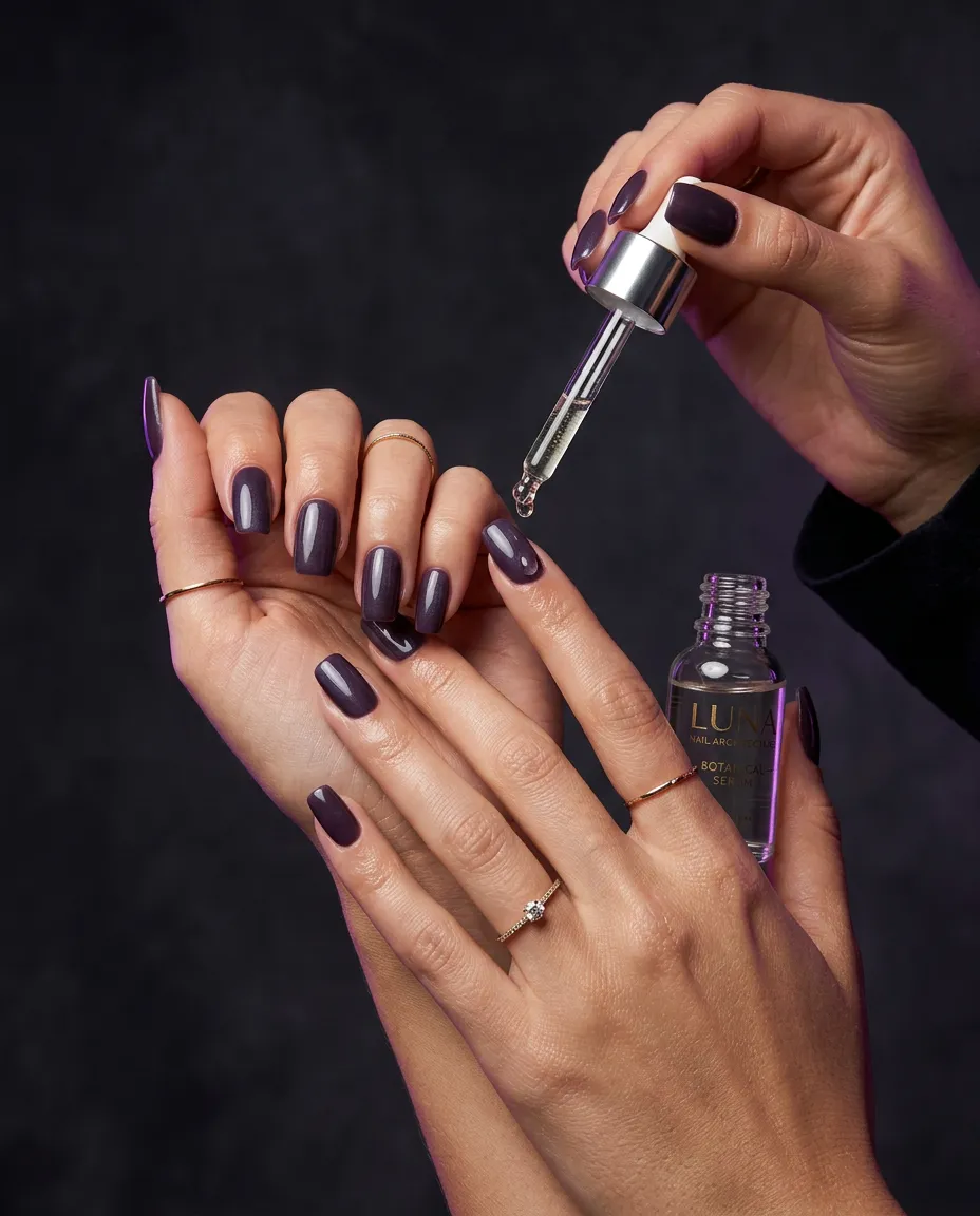 Editorial dark luxury close-up of nail architecture and botanical skin treatment at Luxe Studio