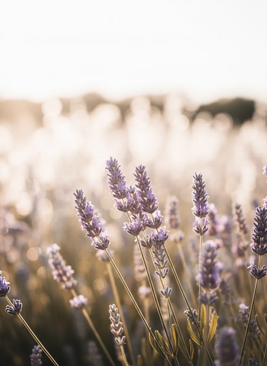 Soft, airy view of the private lavender field bathed in natural light