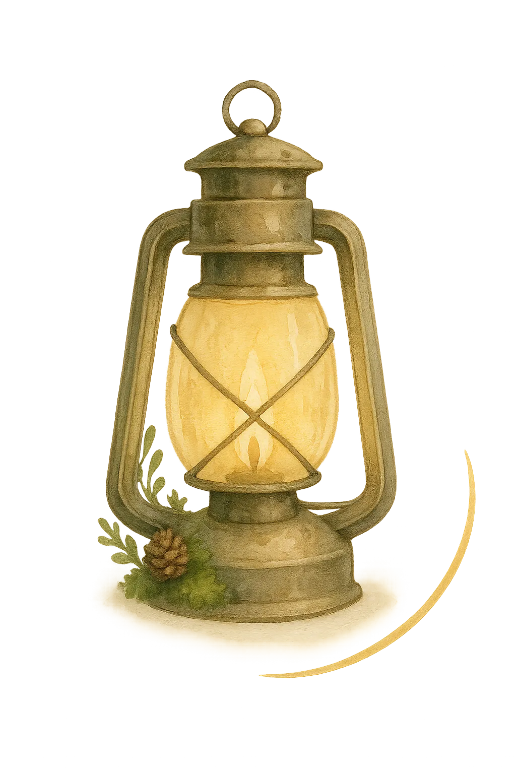 A soft illustration of a woodland lantern glowing warmly