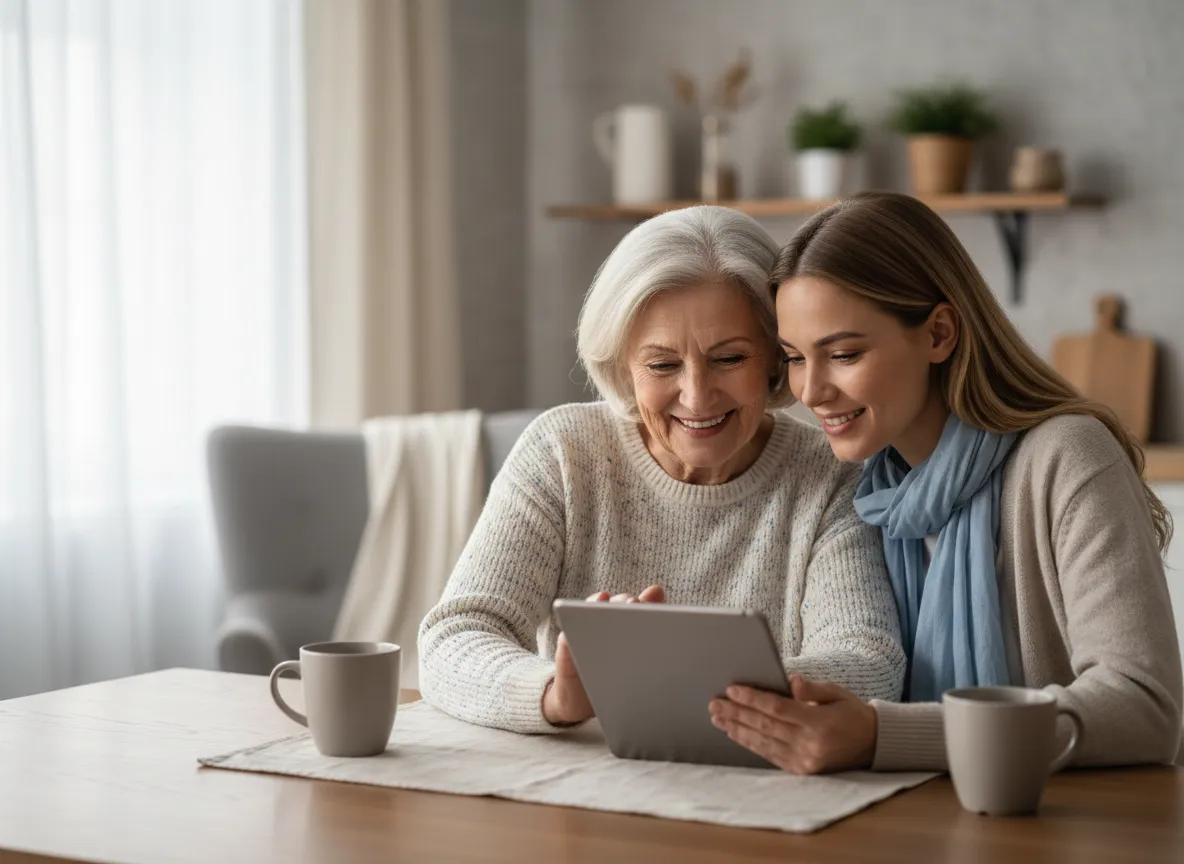 Senior woman and caregiver reviewing service options together on a tablet