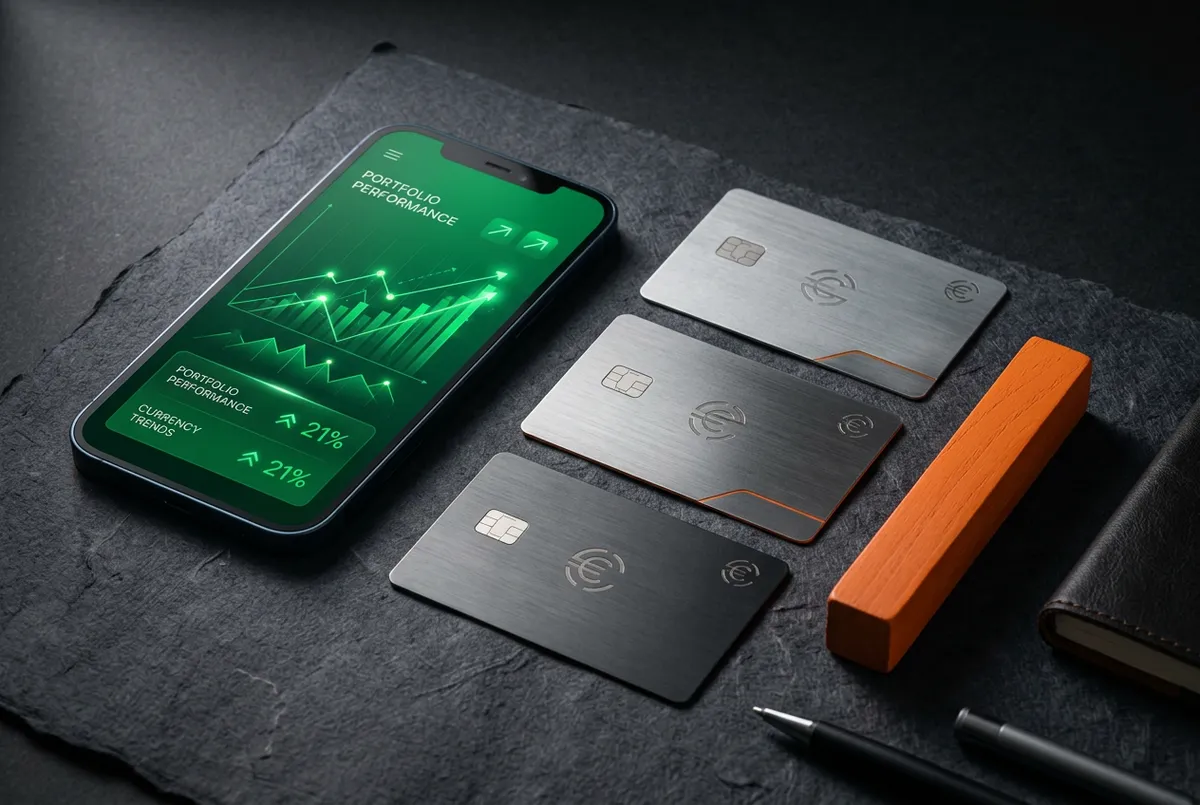 Smartphone mit digitalem Banking und Multi-Währungs-Setup für internationale Finanzen