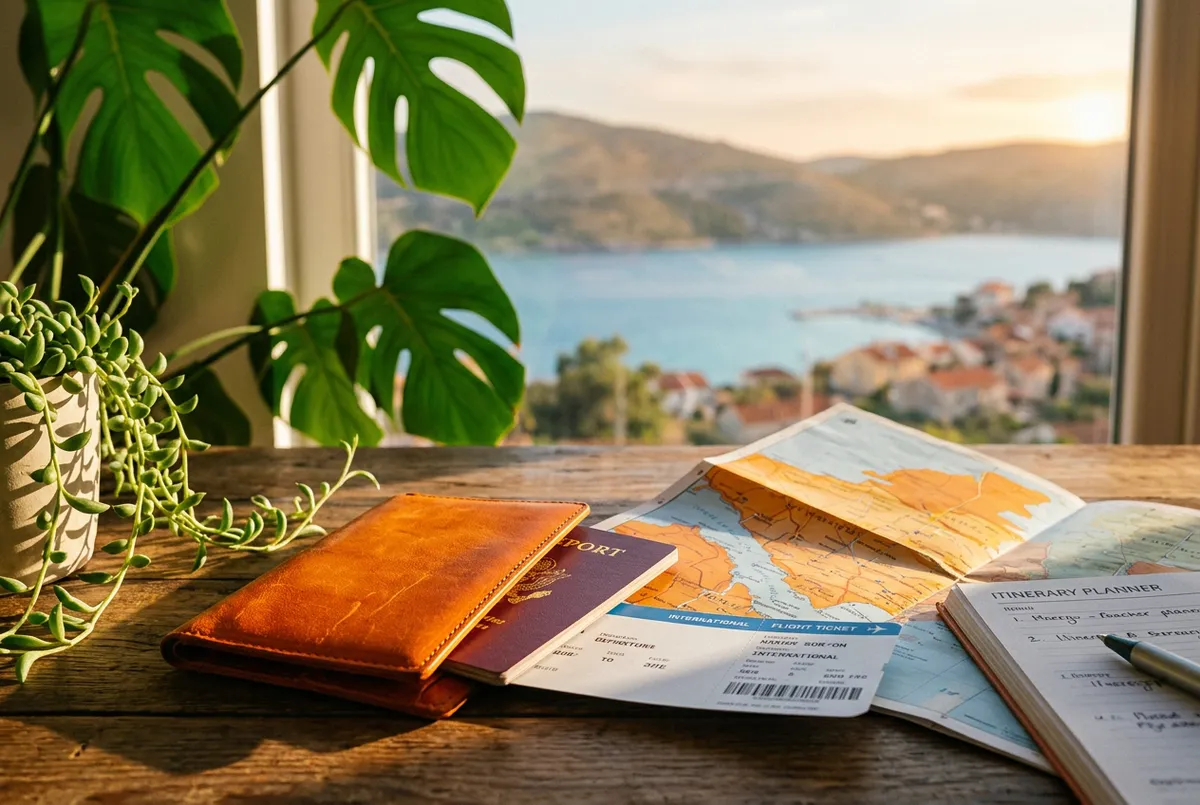 Reisepass und Flugticket mit Blick auf Küstenlandschaft als Metapher für rechtssichere Auswanderung