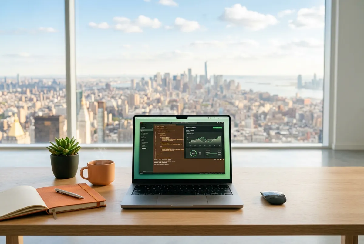 Ortsunabhängiges Arbeiten am Laptop mit Blick auf eine sonnige Skyline für Online Business