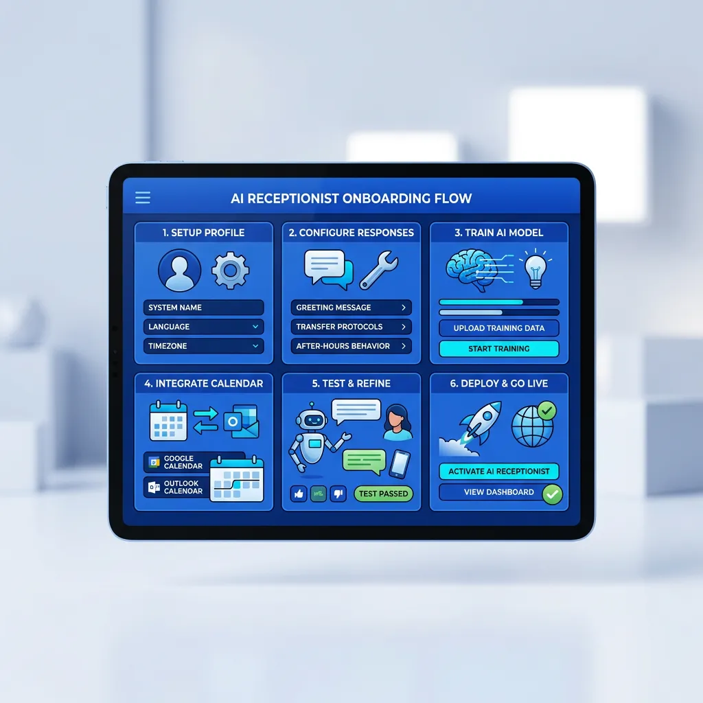 AI Receptionist configuration interface with step-by-step onboarding walkthrough