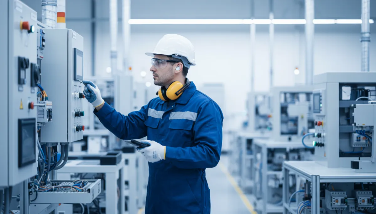 Técnico realizando mantenimiento industrial en planta de producción