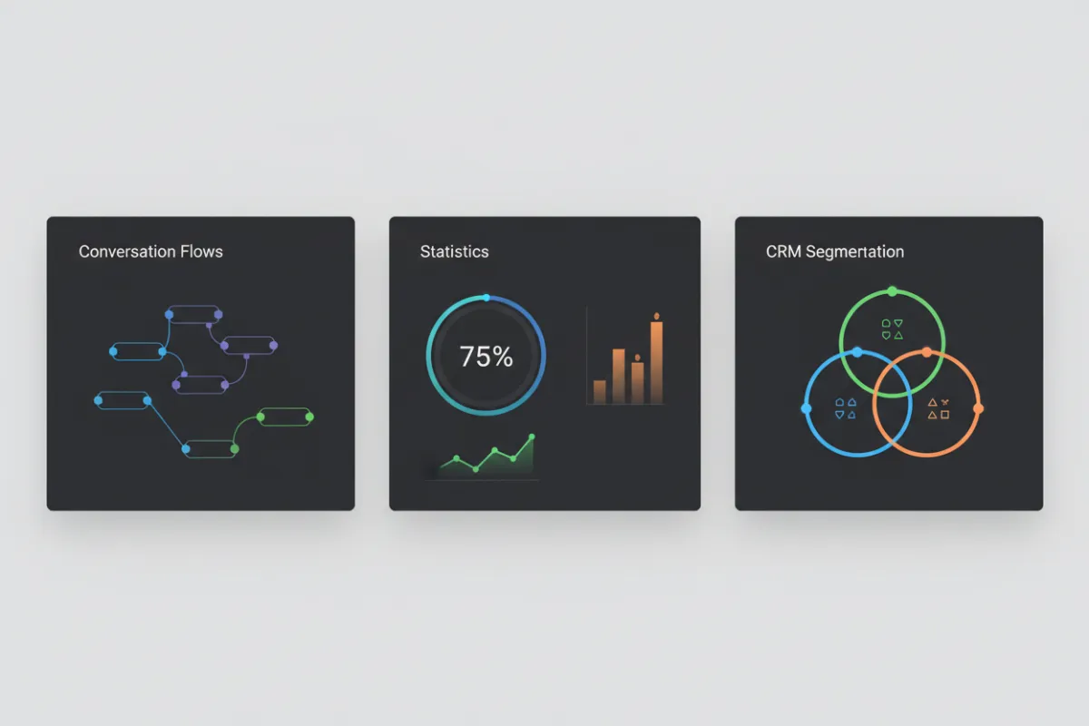 Vista de panel de control de chatbot con flujos de conversación y estadísticas CRM