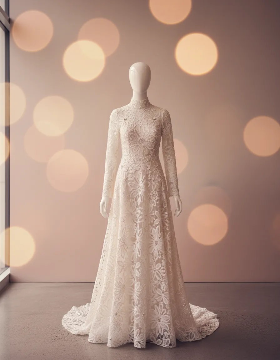Modern lace bridal gown on mannequin in softly lit boutique