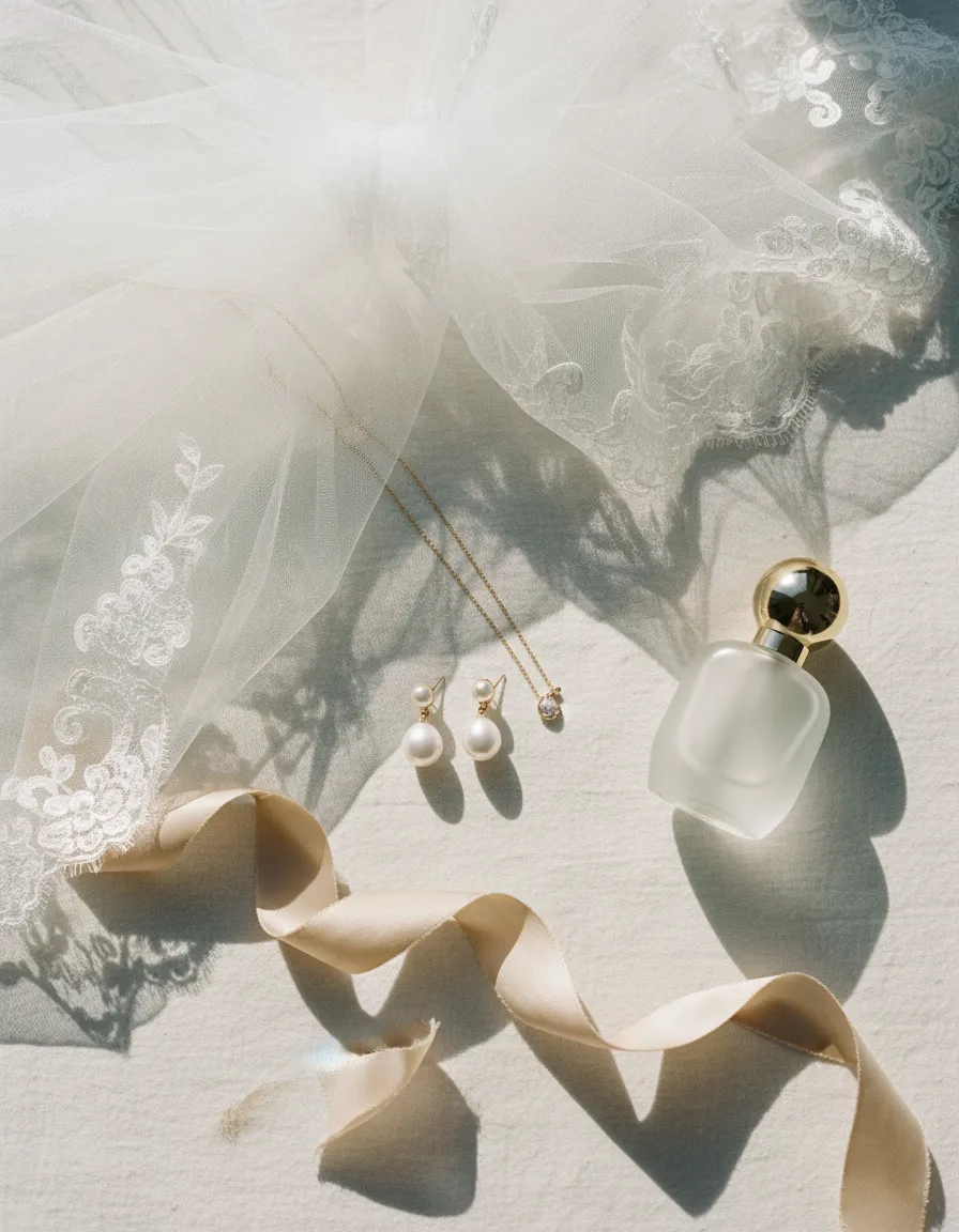 Bridal accessories including veil and jewelry arranged on table