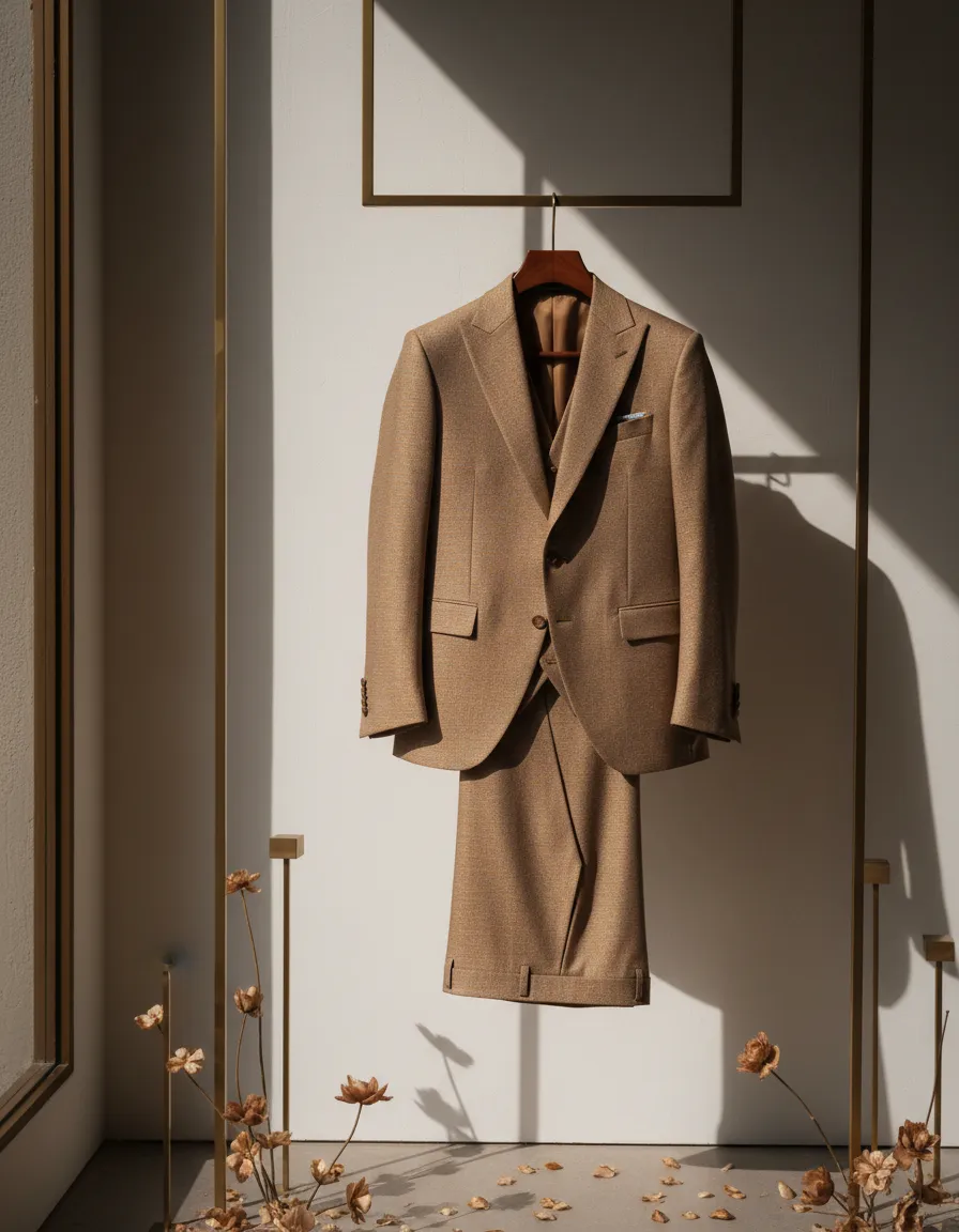 Tailored wedding suit on display with neutral backdrop