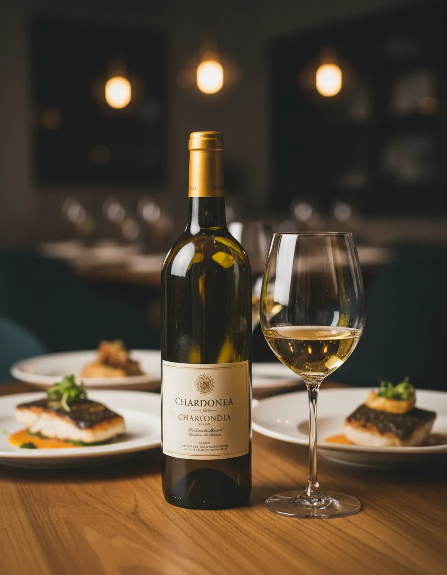 Sticlă de vin alb pe fundal cald