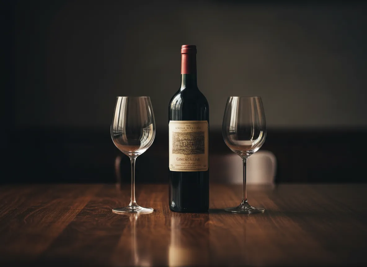 Sticle de vin elegant aranjate pe o masă din lemn într-o lumină caldă