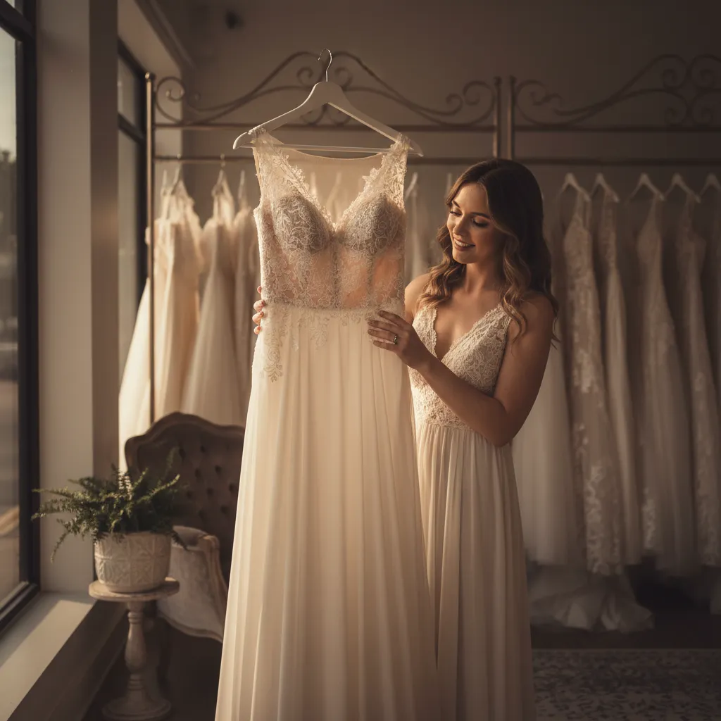 Bride smiling in boutique holding her wedding dress