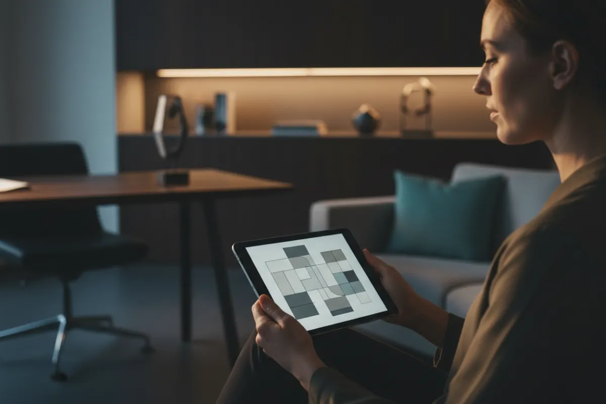 Creative director reviewing ad storyboard on a tablet in a modern office, photorealistic editorial style