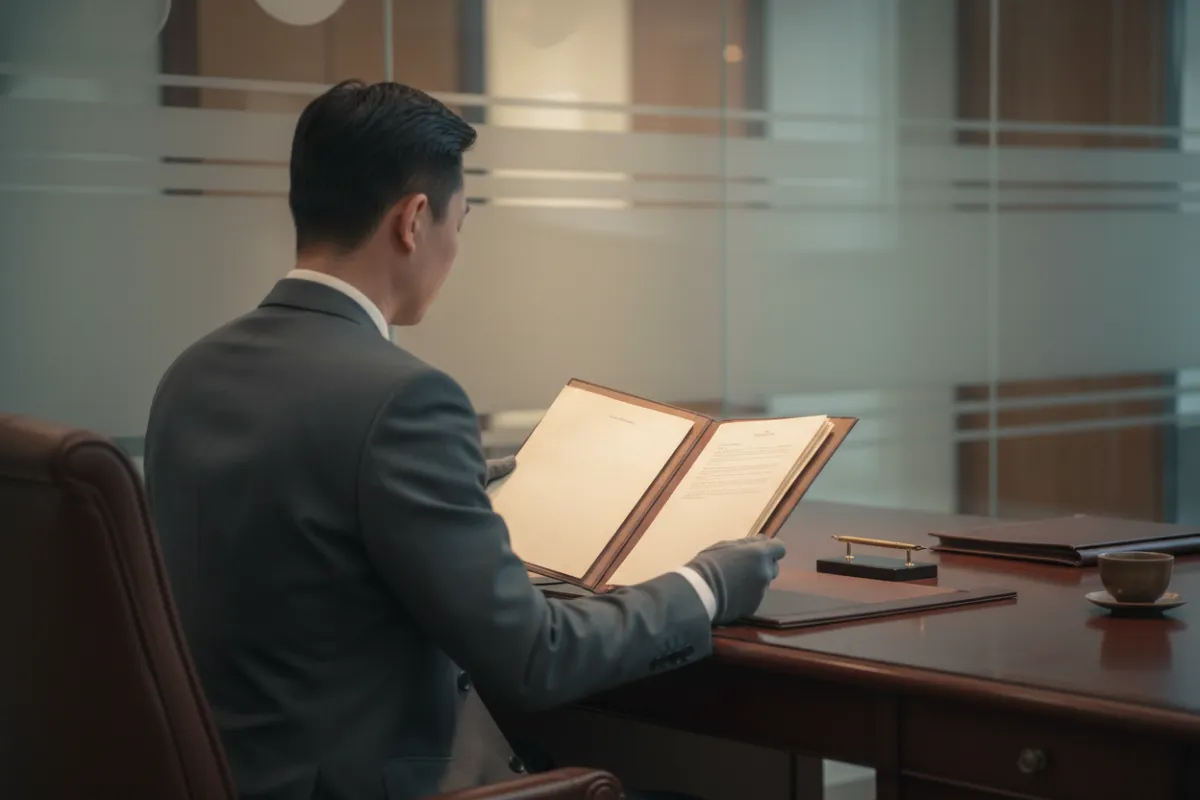 Discreet professional in a private office, reviewing confidential documents behind frosted glass, with muted tones and soft focus, emphasizing security and trust. No visible technology or branding.