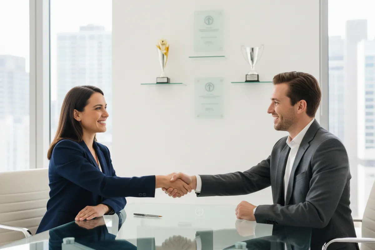 A businesswoman shaking hands with a client in a bright, modern office, both smiling confidently. The setting includes subtle branding elements and awards on the wall, symbolizing achievement and trust. 3:2 aspect ratio.
