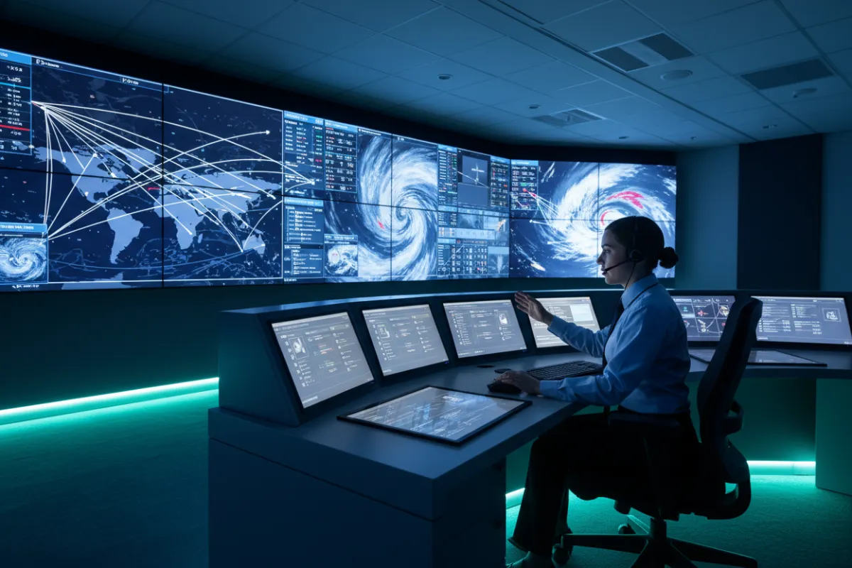 A professional flight operations manager in a control room, monitoring multiple screens displaying real-time flight data and weather patterns. The setting is high-tech, with a focus on safety protocols and operational excellence.