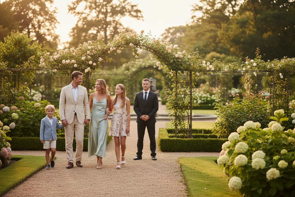 A family of four, elegantly dressed, walks through a sunlit private garden. A discreet security professional, blending into the background, observes from a respectful distance. The scene conveys warmth, trust, and unobtrusive protection.