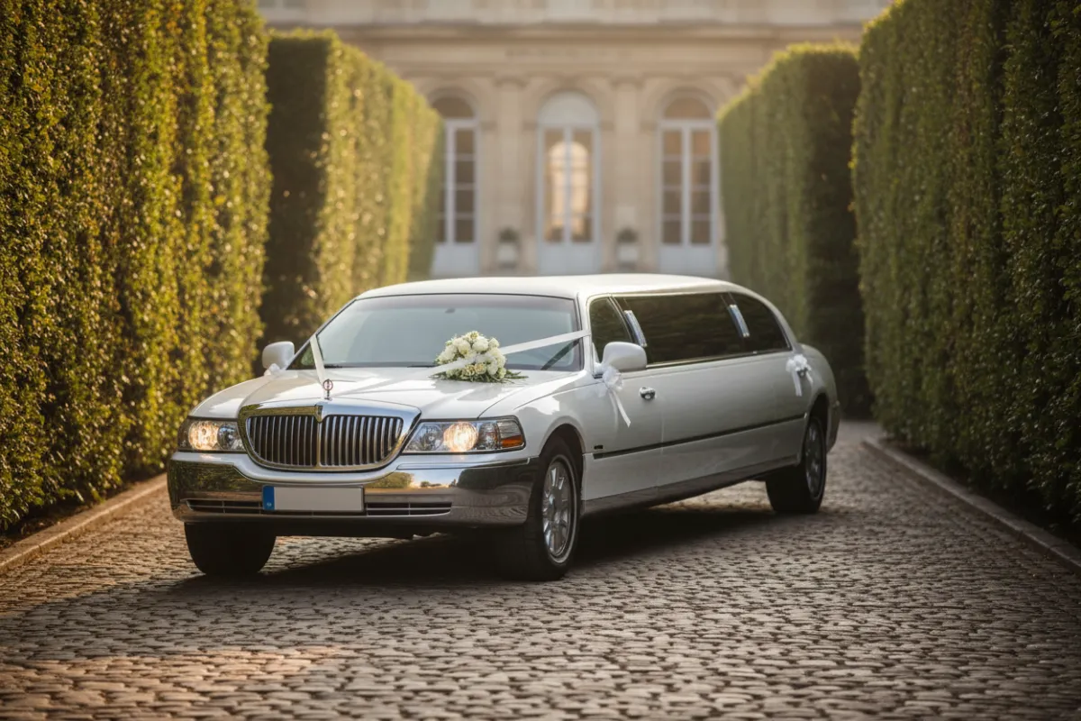 A white stretch limousine with chrome accents parked on a cobblestone driveway, surrounded by manicured hedges, under soft morning light, symbolizing opulence and celebration.