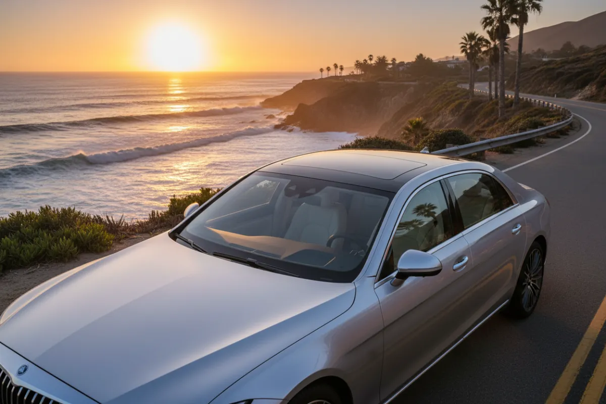 A silver luxury sedan with a panoramic sunroof parked on a scenic coastal road, ocean waves in the background, sunlight glinting off the hood, representing freedom and sophistication.