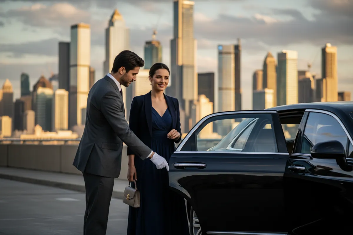 A professional chauffeur in a tailored suit opening the rear door of a luxury car for a client, city skyline in the background, both individuals exuding confidence and sophistication.