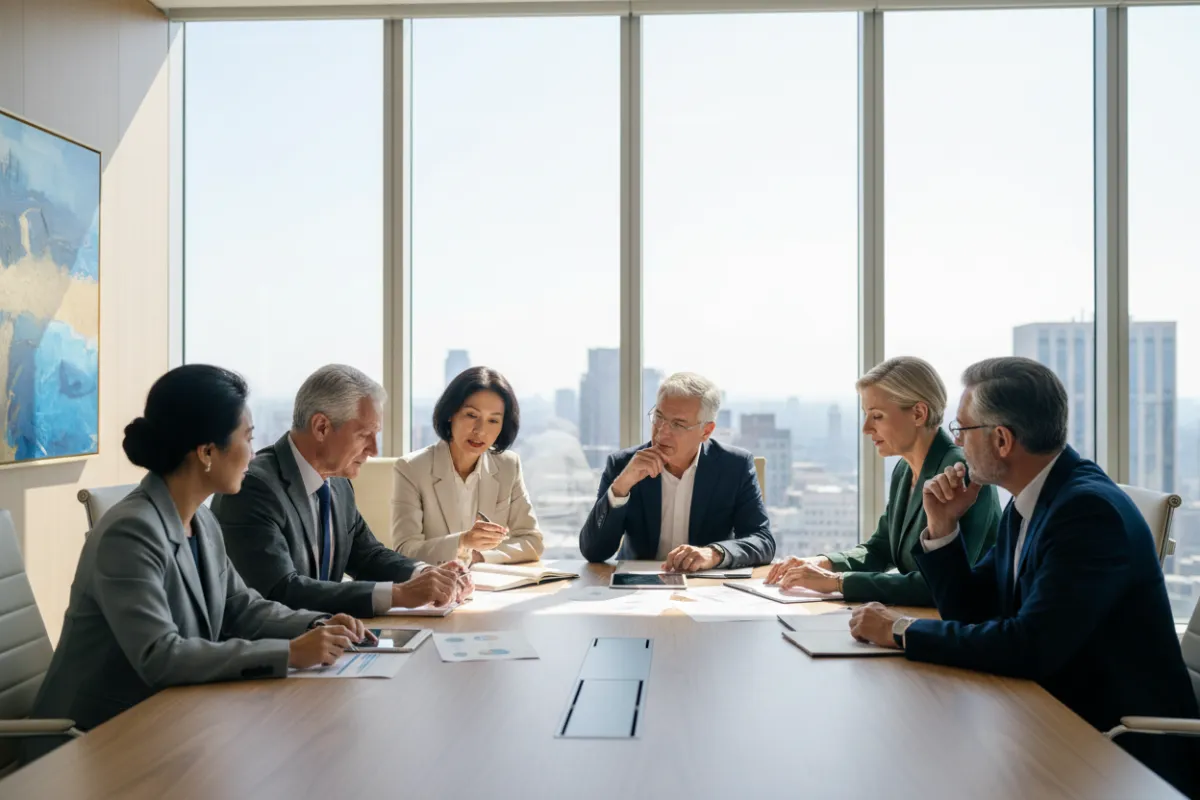 A diverse group of senior advisors in a sunlit boardroom, engaged in a collaborative discussion over strategic documents. The setting is elegant, with glass walls and modern furnishings, reflecting trust and expertise. 3:2 aspect ratio.
