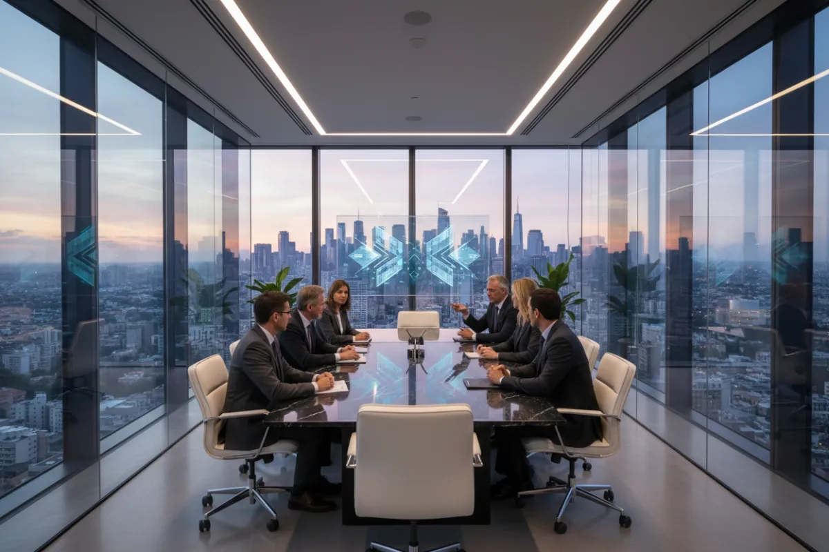 A private boardroom with a panoramic city view, a diverse group of executives in tailored suits engaged in strategic discussion, glass walls, minimalist decor, and a digital presentation screen, conveying high-level business consultancy.