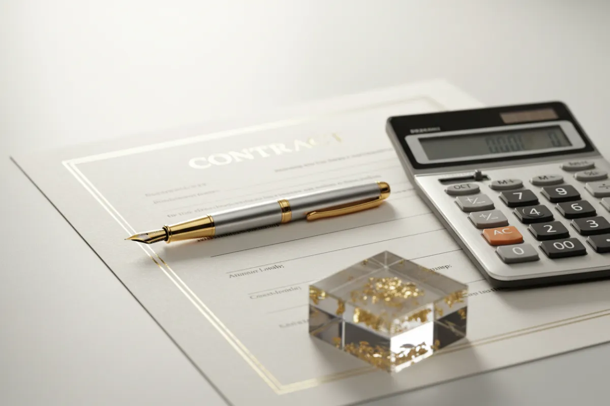 Close-up of a luxury pen and calculator on a crisp contract, with subtle gold accents and a soft white background, representing transparent and premium financial arrangements. No hands or people visible.