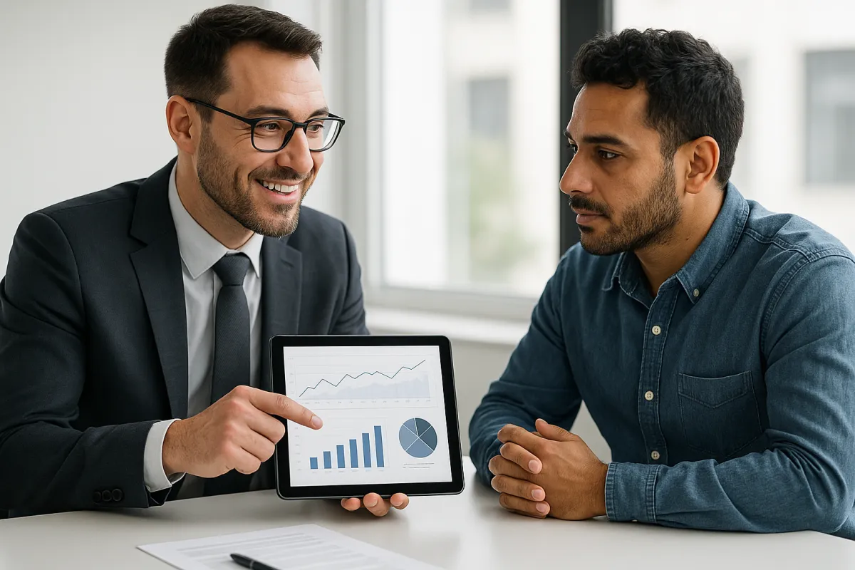Financial advisor presenting flexible financing graphs on a tablet to a small business owner in a bright meeting room