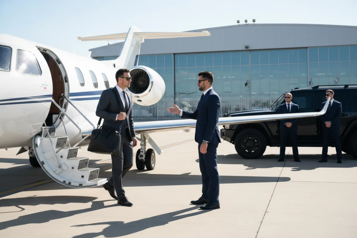 A business traveler steps from a private jet onto a tarmac, greeted by a security agent in a tailored suit. The background shows an airport hangar and subtle security presence, emphasizing seamless, global protection.