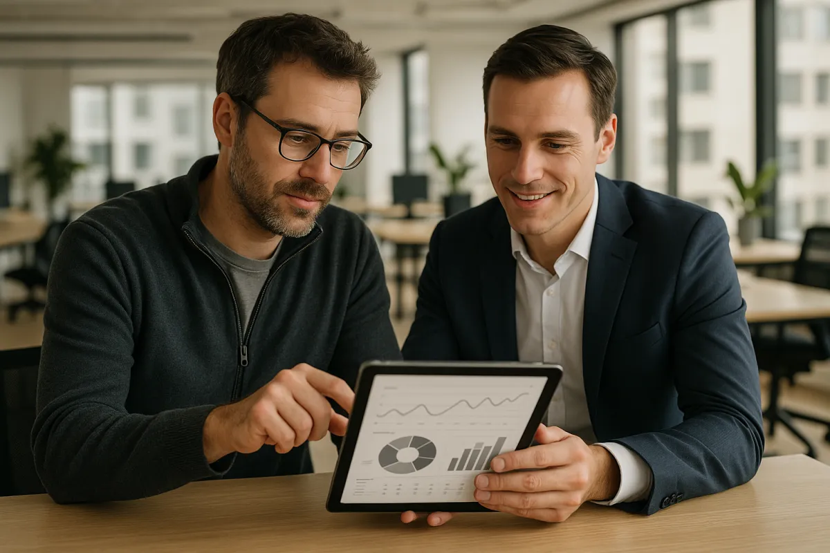 CTO and CEO reviewing analytics on a tablet in a modern open-plan office, photorealistic.