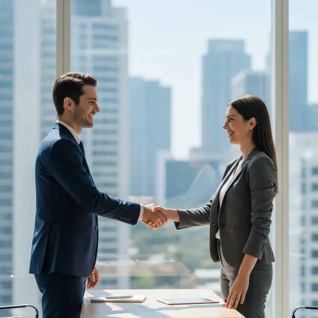 A handshake between a consultant and a client in a sunlit office, with both individuals smiling and making eye contact. The scene conveys trust, partnership, and professionalism, with a subtle cityscape visible through large windows.