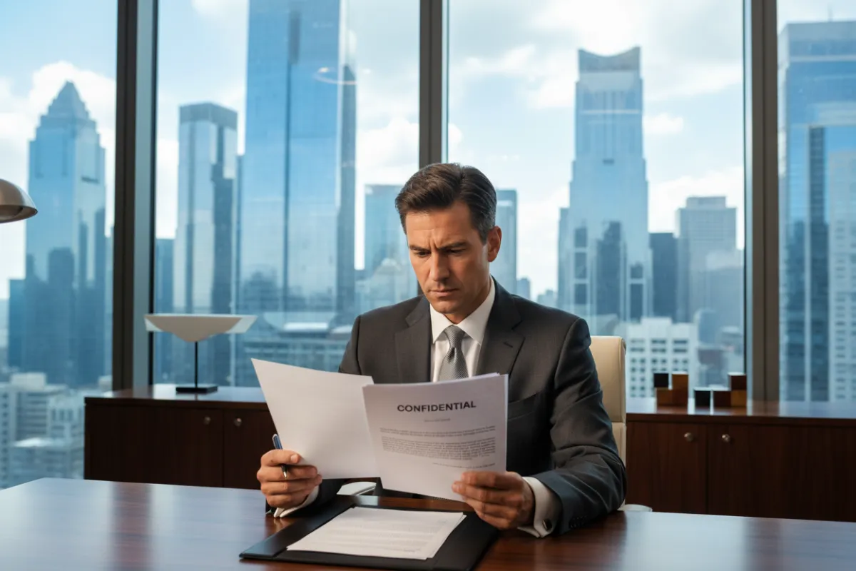 A sharply dressed executive in a modern office, reviewing confidential business documents with a focused expression. The background features floor-to-ceiling windows with a cityscape view, conveying professionalism and exclusivity. 3:2 aspect ratio.